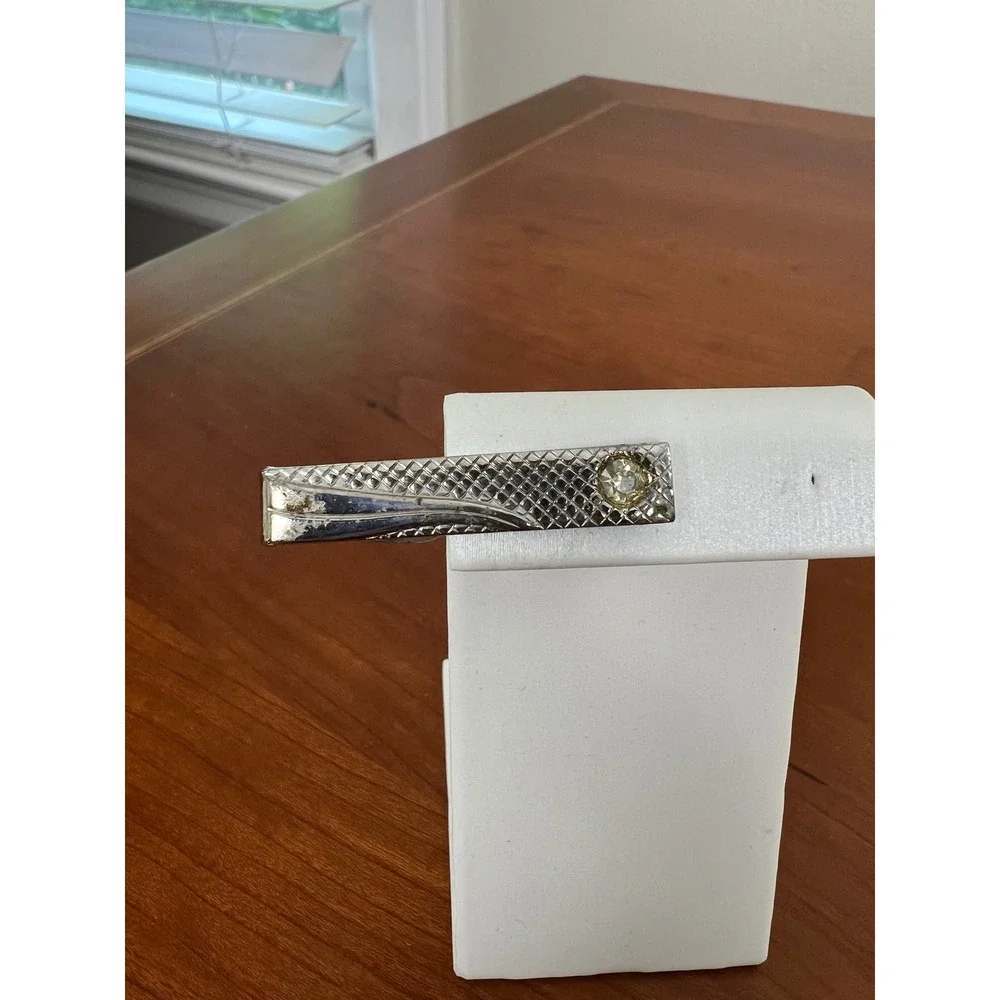 Vintage Mens Silver Tone Textured Cufflinks and Tie Clip Set with Clear Crystal